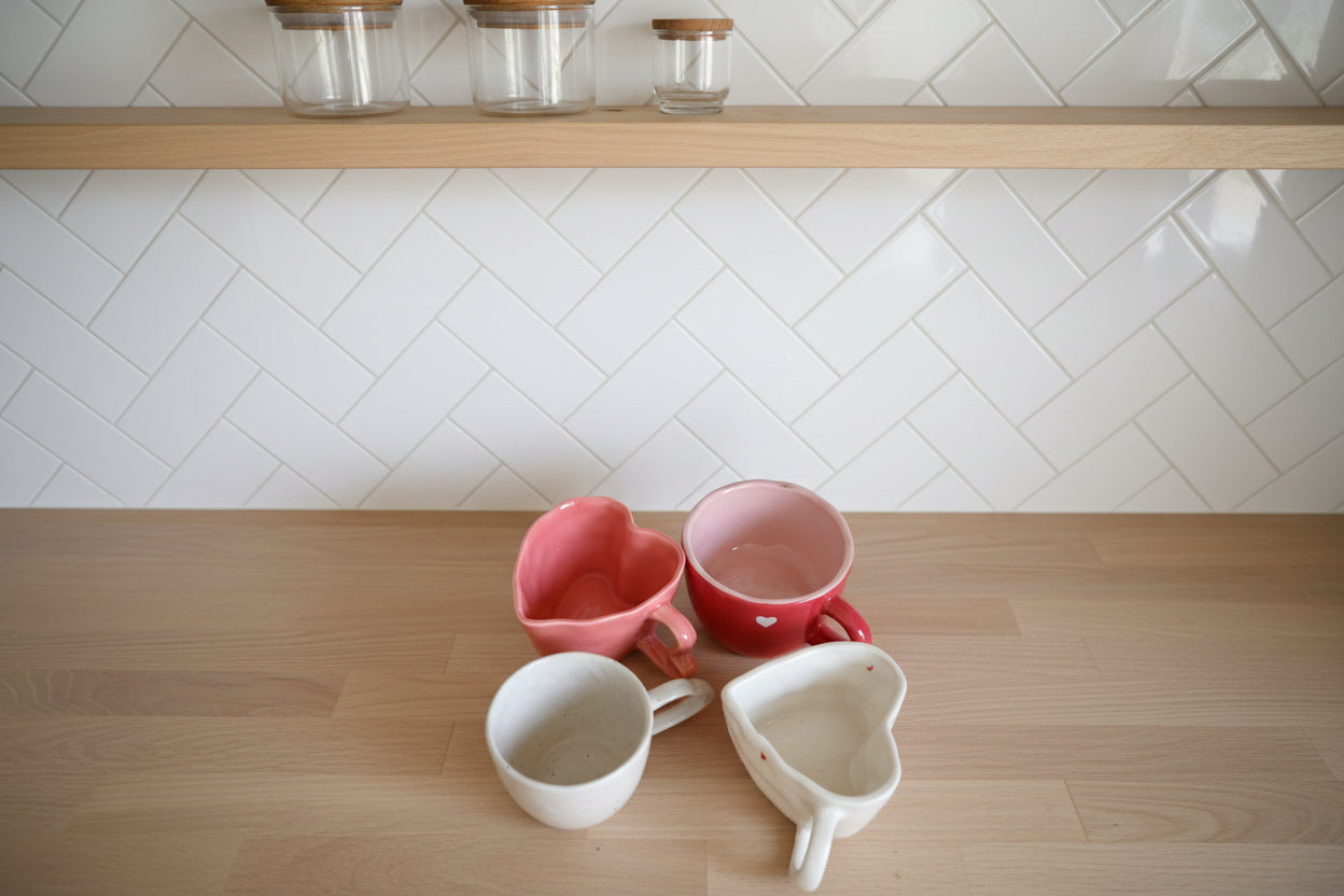 The Love Story Quartet ; Red Lovebird + White Lovebird + valentine Mug + Cute Heart Cup