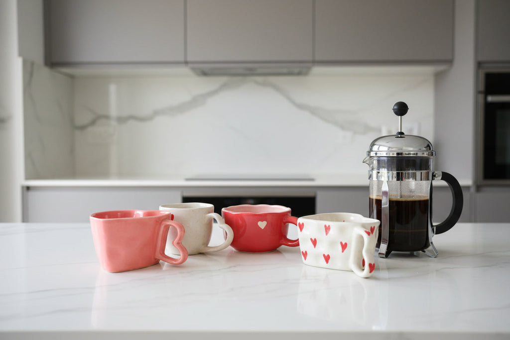 The Love Story Quartet ; Red Lovebird + White Lovebird + valentine Mug + Cute Heart Cup