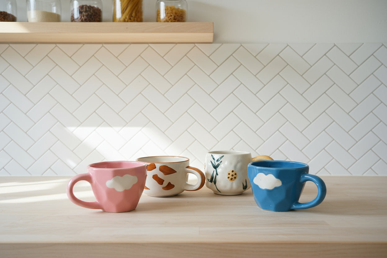 The Happy Day Set ; Cloud Cup Blue + Cloud Cup Pink + Daisy Mug + Cute Puppy Mug