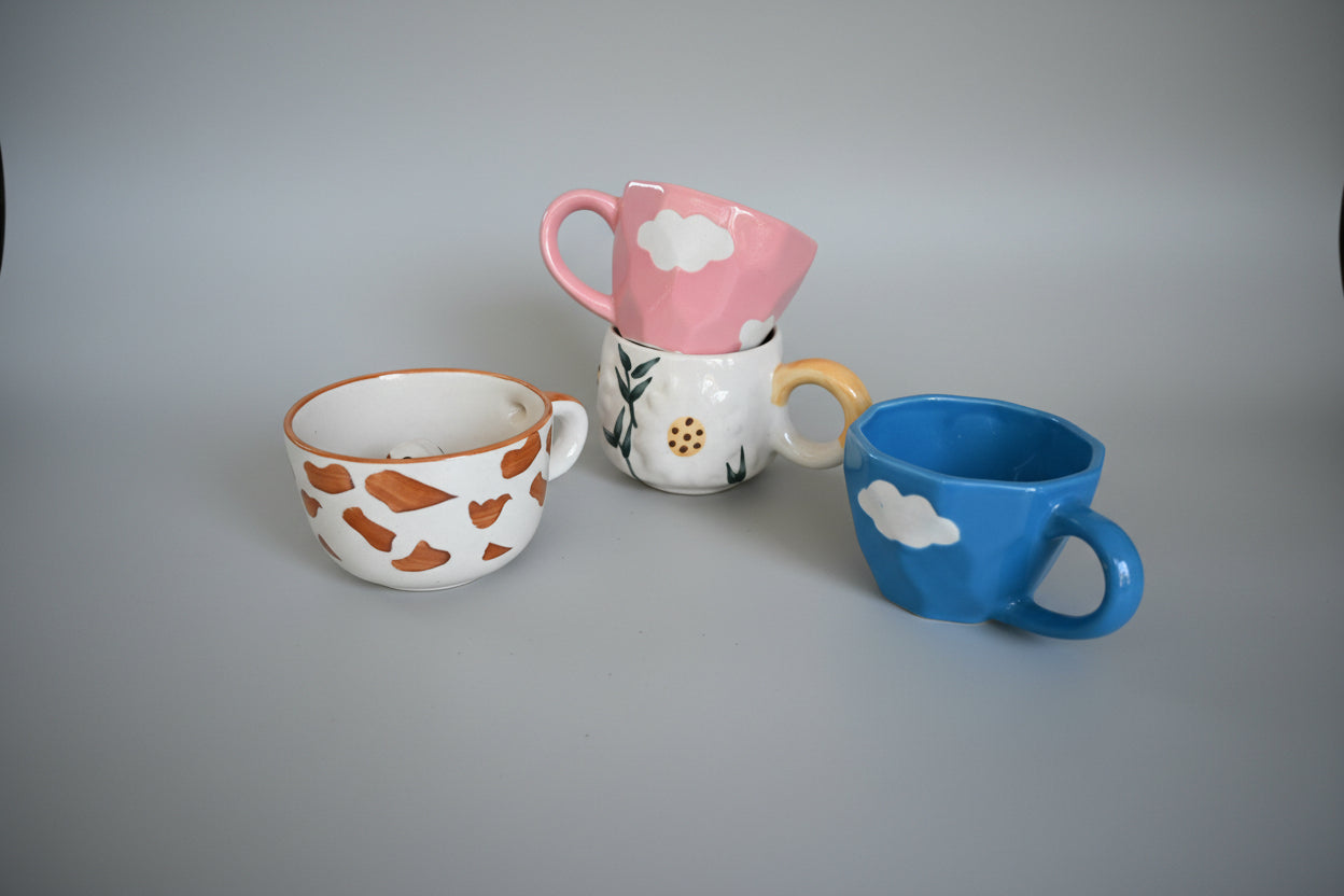 The Happy Day Set ; Cloud Cup Blue + Cloud Cup Pink + Daisy Mug + Cute Puppy Mug