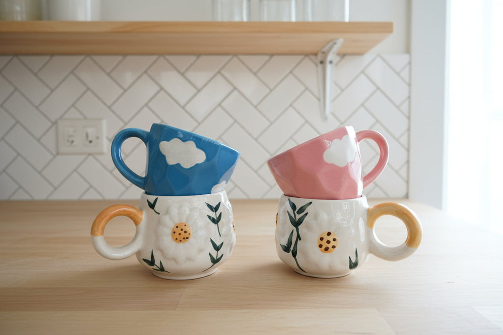 Daydreamer's Mug Set ; 2 Daisy Mugs + Blue Cloud Cup + Pink Cloud Cup