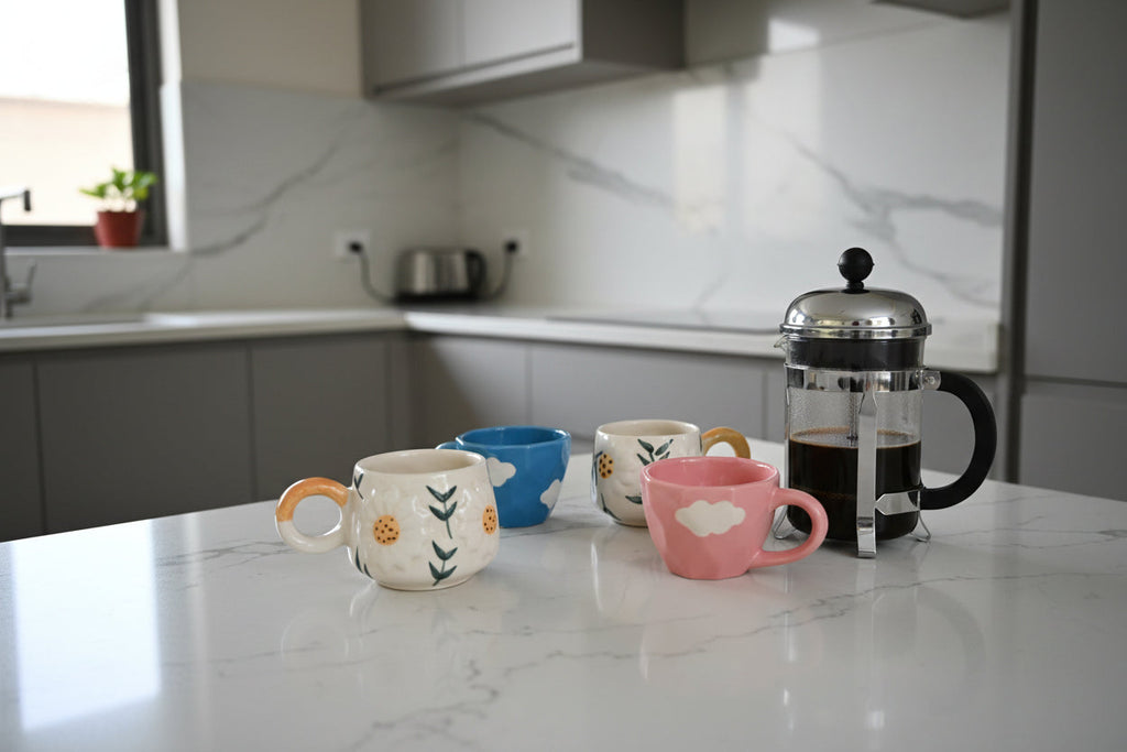 Daydreamer's Mug Set ; 2 Daisy Mugs + Blue Cloud Cup + Pink Cloud Cup