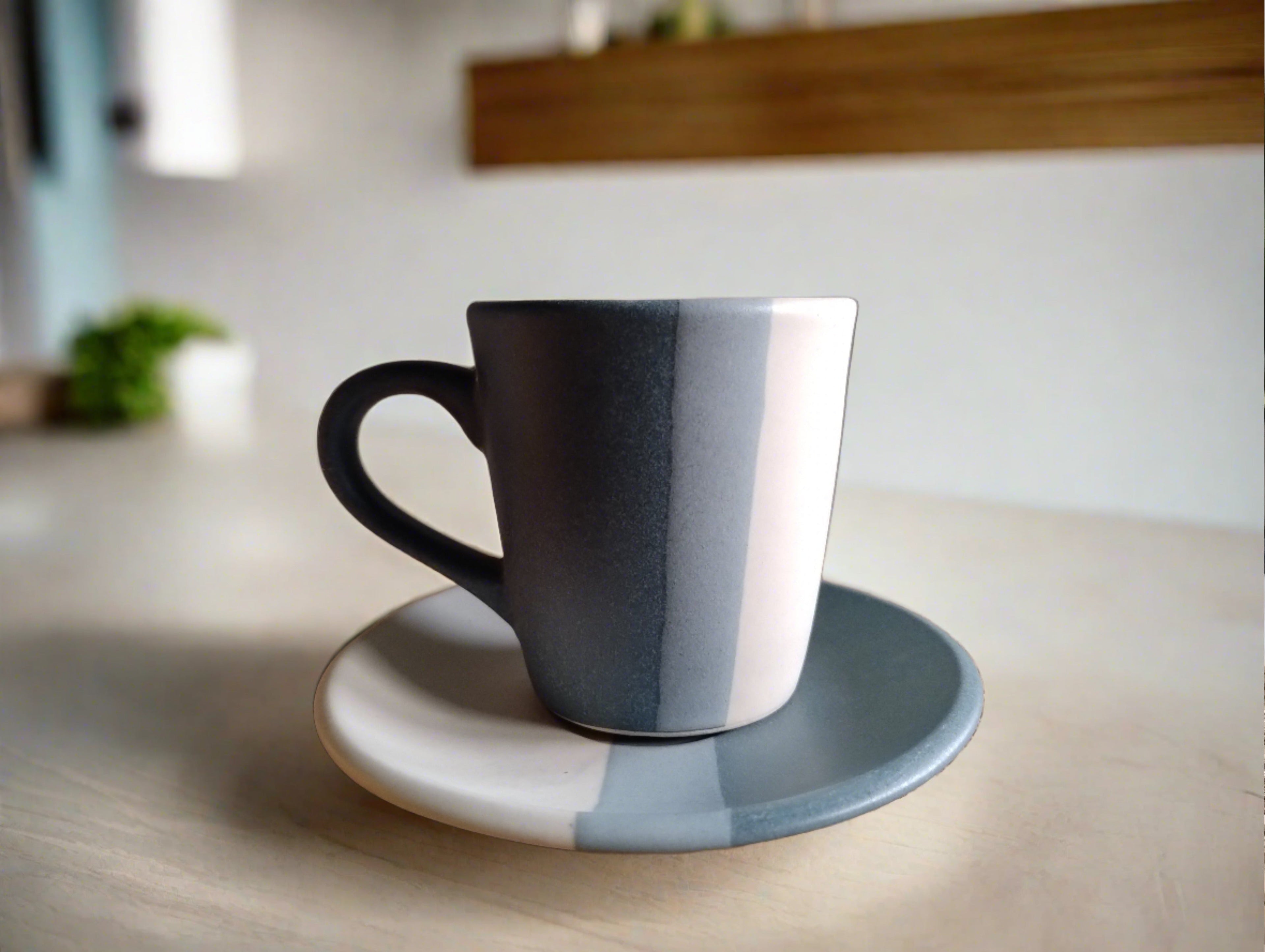 Grey Stripped Mug and Saucer