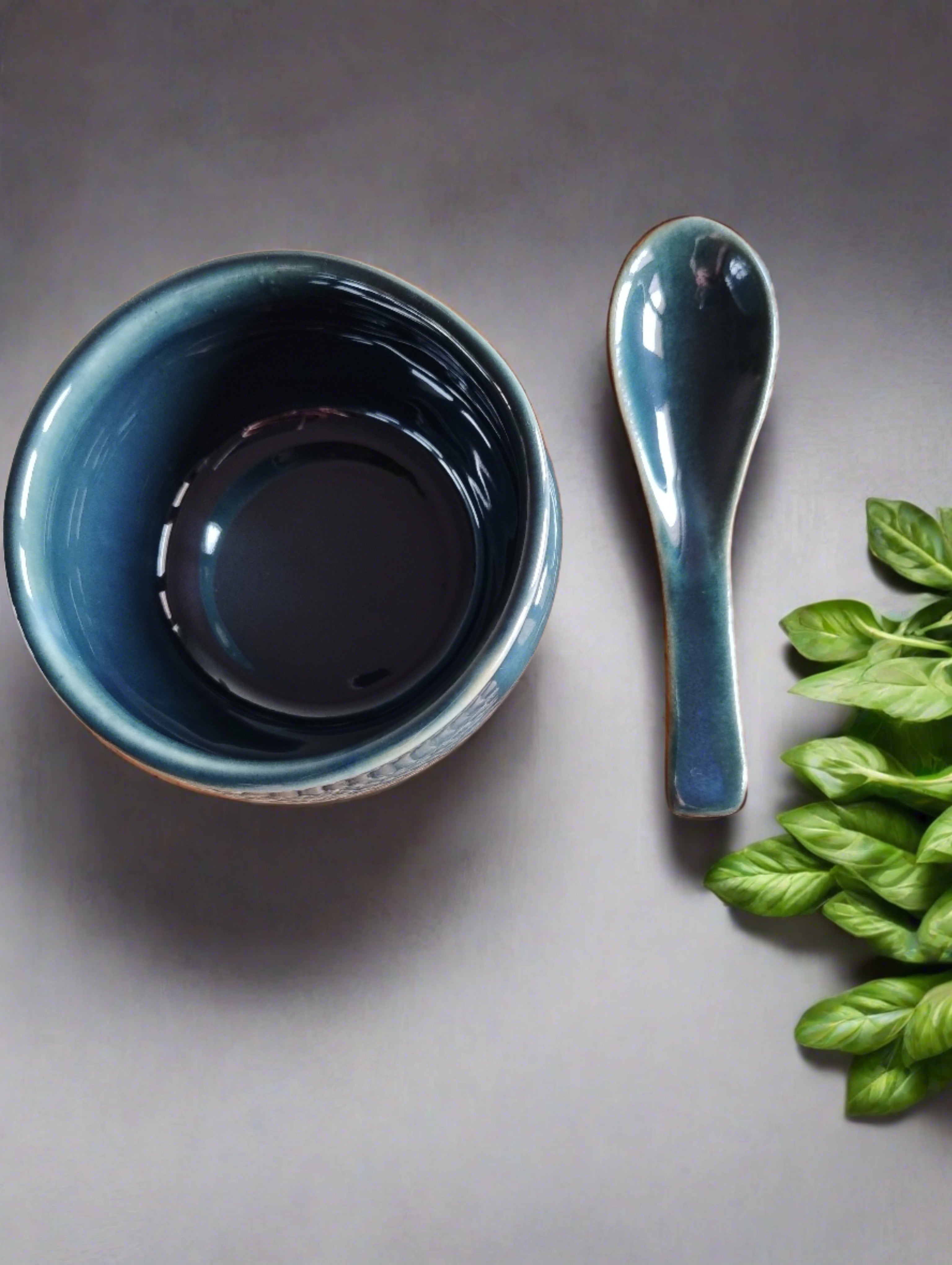 Green Soup Bowl and Spoon Set (Pack of 3 Bowl and Spoon Set)